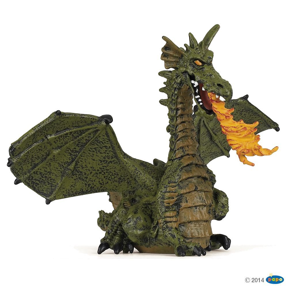 Dragon ailé vert avec flamme , Figurine du Monde Enchanté Papo