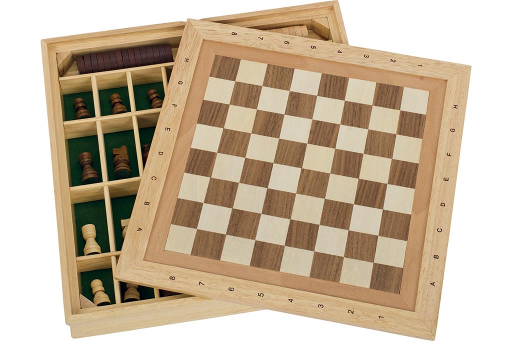 ÉCHECS, DAME et MOULIN dans un boîte en bois.