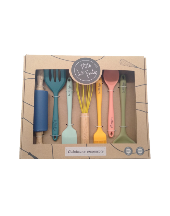 Les p'tits fouets: Set de 7 ustensiles de cuisine en silicone platine pour enfants